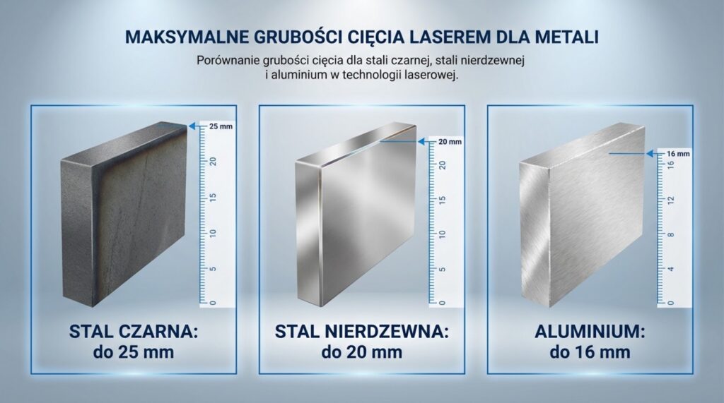 Infografika przedstawiająca maksymalne grubości cięcia laserowego dla trzech rodzajów metali: stal czarna do 25 mm, stal nierdzewna do 20 mm oraz aluminium do 16 mm, z wizualizacją bloków materiału i skalami pomiarowymi.