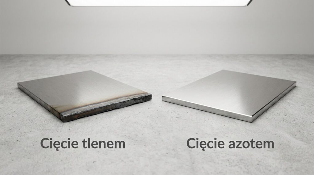 Bezpośrednie porównanie dwóch arkuszy metalu: po lewej krawędź po cięciu tlenem (z widocznym zgorzeliną i nierównościami), po prawej czysta i gładka krawędź po cięciu azotem.