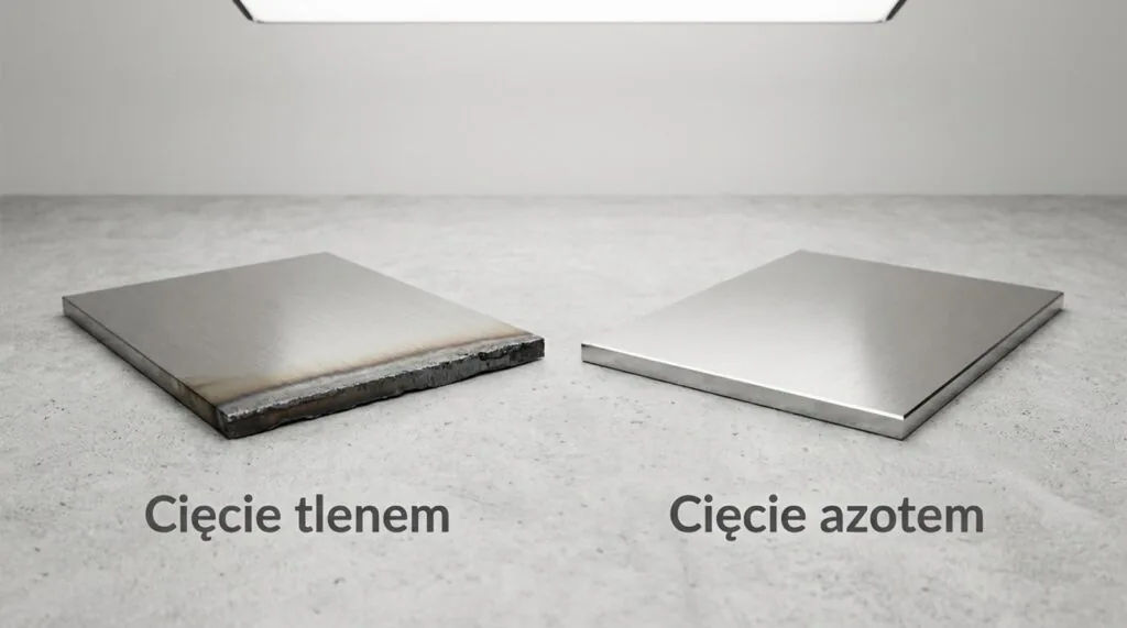 Bezpośrednie porównanie dwóch arkuszy metalu: po lewej krawędź po cięciu tlenem (z widocznym zgorzeliną i nierównościami), po prawej czysta i gładka krawędź po cięciu azotem.