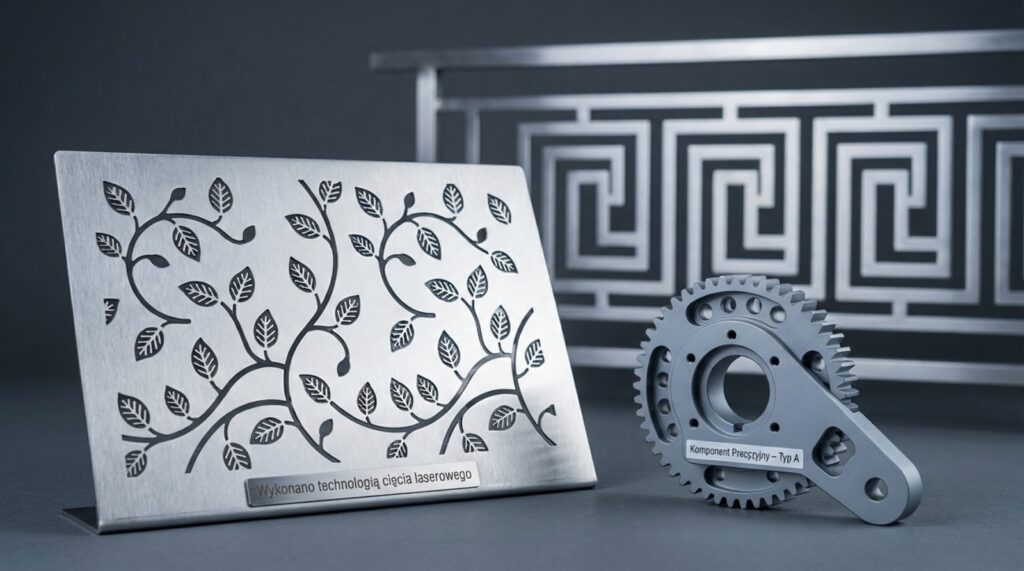 Zestaw produktów wykonanych techniką cięcia laserowego: ozdobny panel z motywem roślinnym, precyzyjne koło zębate oraz stalowy element balustrady z wzorem geometrycznym w tle.